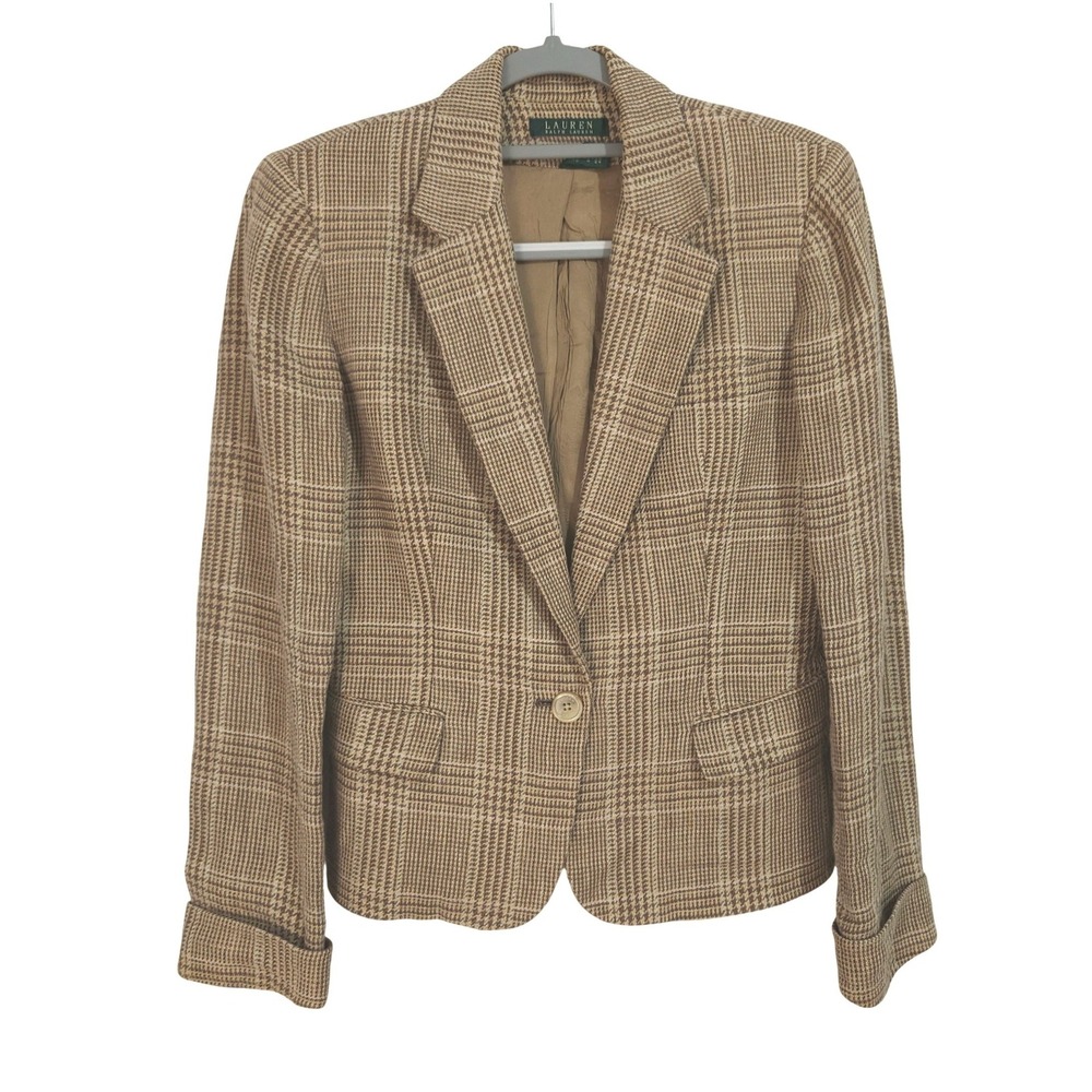 Lauren Ralph Lauren 100% Linen Tweed Blazer Size 6 Brown Plaid Single Button